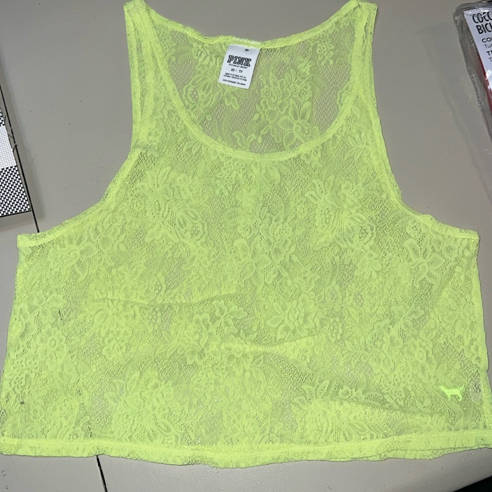 Victoria's Secret PINK All-Over Lace Crop Tank Top neon Yellow Size XS